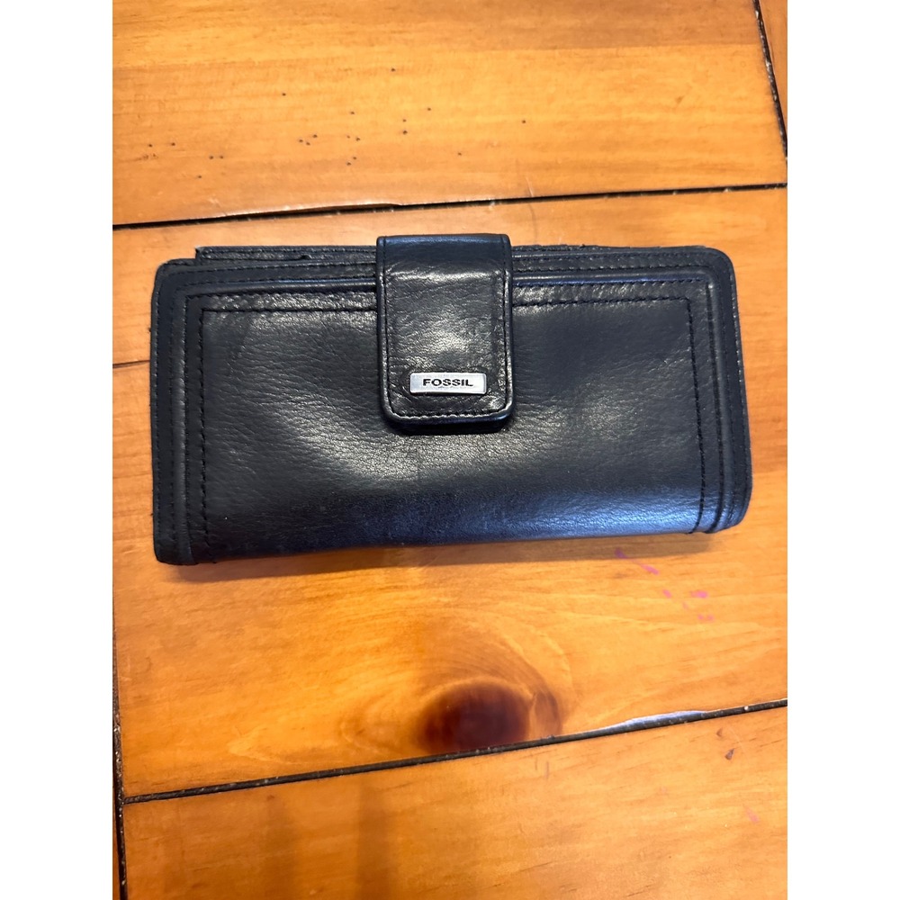 Fossil Black Leather Bi-fold Wallet Kiss-lock Coin Pouch Removable checkbook